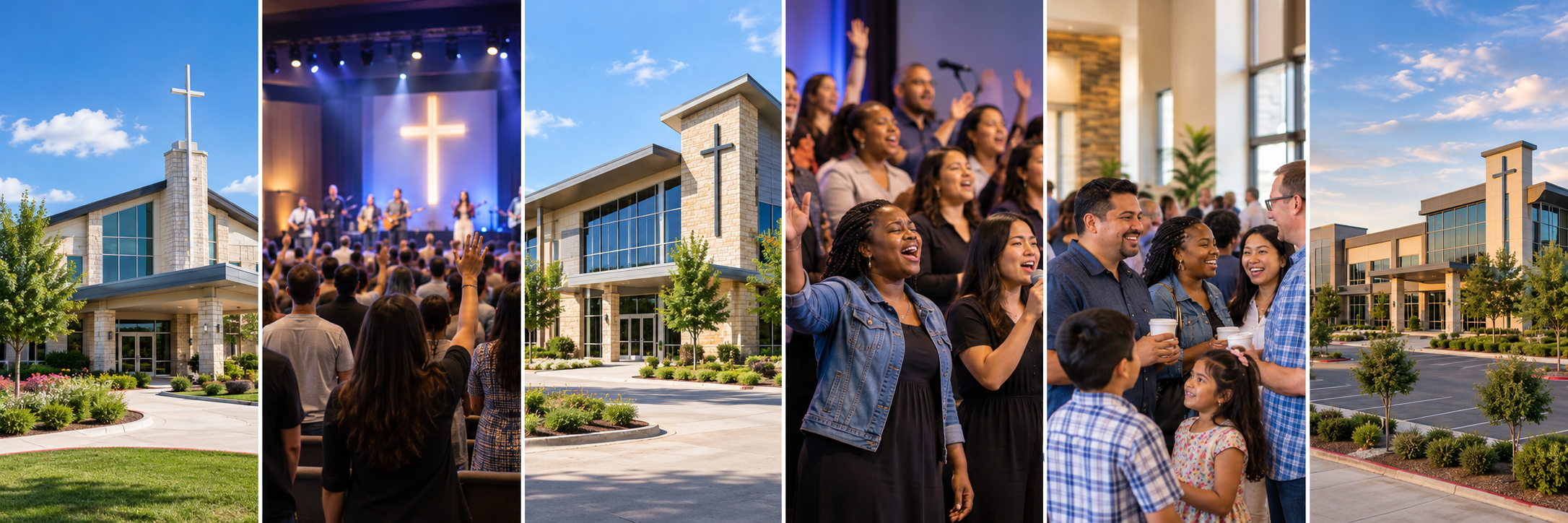 Six-panel collage of larger Houston-style church facilities, worship, and a diverse church community